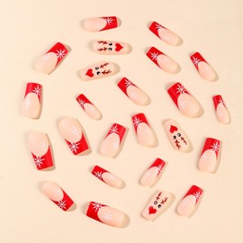Christmas Press on Nails with French Love Elk Snowflake Design, Winter French Nails Press ons White Snow Stick on Nails Medium Long Square Shape Acrylic Nails Red Fake Nails for Women 24pcs
