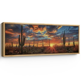 SIGNFORD Large Framed Canvas Print Wall Art Desert Sunset with Cacti Illustrations Modern Art Calm Warm for Living Room, Bedroom, Office - 60"x20"