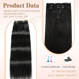 HotLulana Clip-In Real Hair Extensions, 120 g, 7 Pieces, 50 cm, Natural Black, Remy, Invisible Clip Extensions, 20 Inch Skin Weft Hair Extensions 1B#