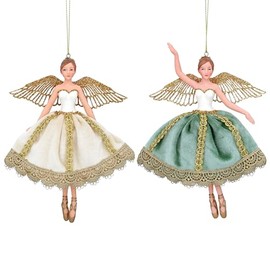 Gisela Graham Cream Gold Green Fabric and Resin Hanging Decorations 14cm Pack of 2 Assorted Christmas Ornaments