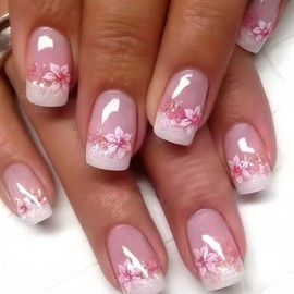 24Pcs Flower Press on Nails French Tip Fake Nails Medium Square False Nails with Floral Designs Pink White Glossy Glitter Reusable Acrylic Nails Rose Pink Flowers Full Cover Stick on Nails for Women