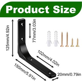 2 PCS Shelf Brackets 150 mm*125 mm Wooden Shelf Support Black Wall Hanging Corner Brace with Screws Decorative Metal L Bracket for Shelf Table Wood Board Furniture