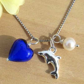 Charm Necklace Blue Murano Glass Heart, Pearl Dolphin Sterling Silver. Gift Wrapped For Her. Jewellery by Lesley