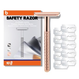 Single Blade Razors for Men and Women, Reusable Double Edge Safety Razor, Metal Razors for Women, Face Razors for Men Shaving, with 10 Safety Razor Blade Refills, No Plastic, (Shiny Rose Gold)