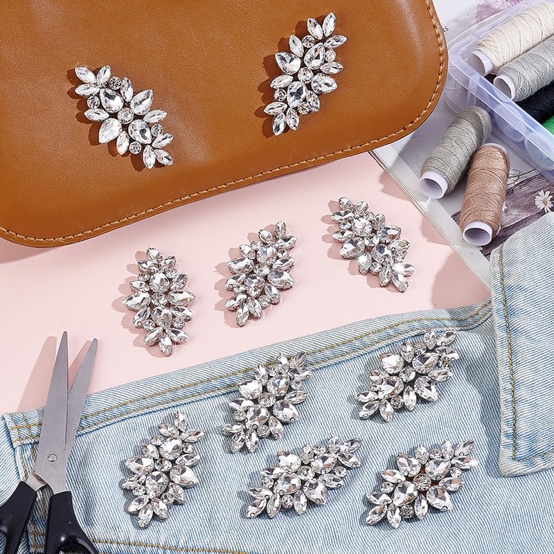 FREEBLOSS 8Pcs Rhinestone Applique Silver Sew On Appliques Rhinestone Patches