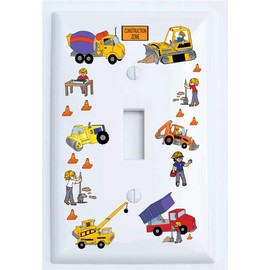 Nylon Construction Single Toggle Light Switch Wall Plates with Bulldozers, Tractors, Cement Truck, Steamroller, Crane, and Dump Truck Childrens Wall Decor. (Single Toggle)