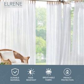 Elrene Home Fashions Darien Weatherproof Tab-Top Sheer Solid Color Indoor/Outdoor Curtain Panel for Porch, Pergola, Patio, Deck, 52”W x 95”L, White