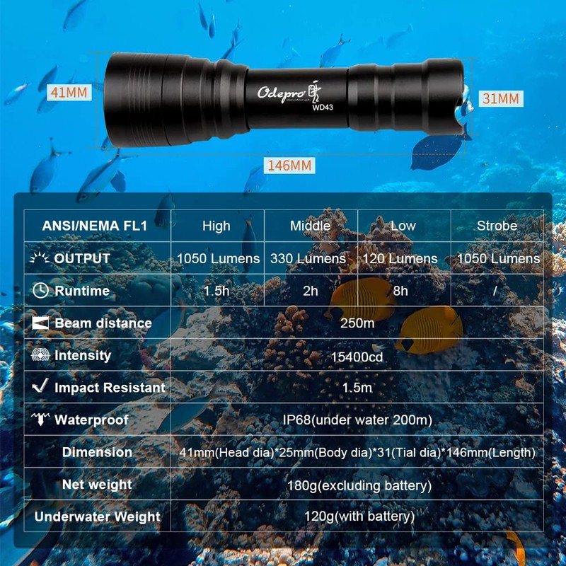 Odepro [492ft Underwater Diving] WD43PRO 1050 Lumens Diving Torch Diving