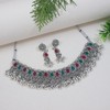 I Jewels Navratri Silver Oxidised Afghani Ghungroo Drop Choker Necklace