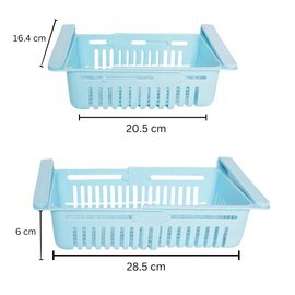 Organizador de Refrigerador, Incluye 2 Contenedores Multiuso, color blanco y azul. Las Canastas Organizadoras de Plastico son Expansibles, se Adaptan a Cualquier Refrigerador, Estante o Cajones.