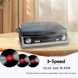 Vinyl Record Player, Vinyl Records with Built-in Speakers, 3-Speed, Belt Drive Vintage Phonograph, FM Radio,3.5mm Music Output Jack, LINE Out（2P Needles + 2P Belts）