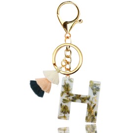 VOTACOS Initial Keychain Cute Letter Key Chain Backpack Accessories White Bag Charms for Women with Tassel Green Leaf Design-Letter H