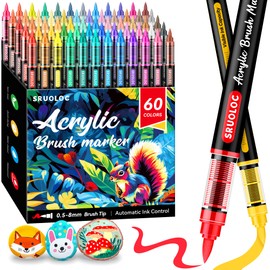 SRUOLOC 60 Colors Acrylic Paint Markers, Brush Tip Automatic Ink Control Acrylic Paint Pens for Rock Painting, Canvas, Wood, Ceramic, Glass, Stone, Fabric, DIY Crafts Textile & Art Supplies