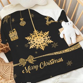 Merry Christmas Throw Blanket Baby Small Black Gold Printed Blanket for Kid Toddler Swaddle Crib Soft Lightweight Fuzzy Plush Fleece Snowflake Blankets and Throws Xmas Holiday Blanket 30x40