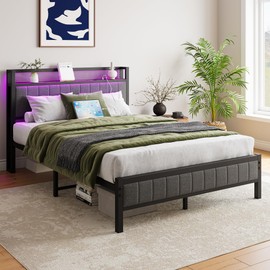 BOFENG Full Size Bed Frame with Storage Headboard/LED Lights,Heavy Duty Metal Upholstered Platform Bed Frame Full Size with Charging Station,Heavy Duty Metal Slats,No Box Spring Needed,Noise Free,Gray