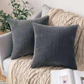 MIULEE Striped Corduroy Fabric Square Throw Pillow Case,Solid Cushion Cover Sham Home for Sofa Chair Couch/Bedroom Decorative Pillowcases 22"x22",2 Pieces Grey