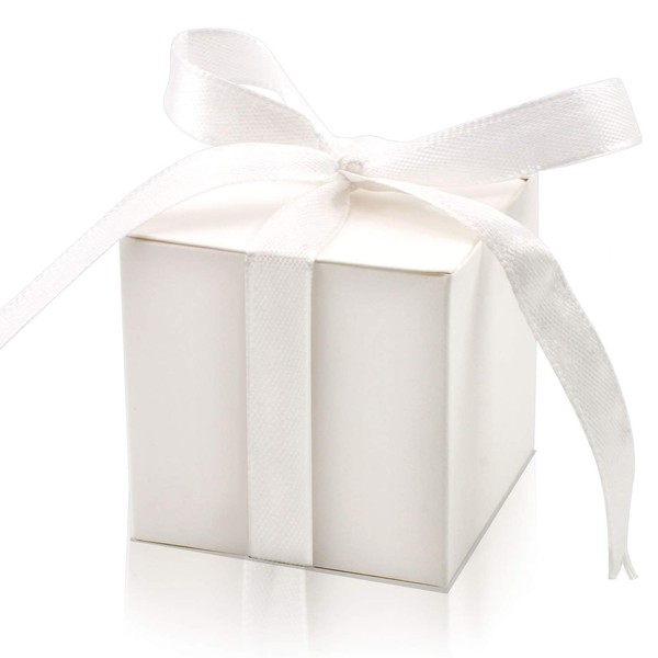 KPOSIYA 100 Pack Favor Boxes 2x2x2 inch Candy Boxes White Gift Boxes with Ribbons for Wedding Baby Shower Decorations Birthday Party Supplies