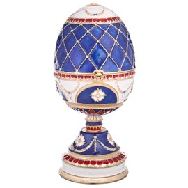 danila-souvenirs Russian Faberge Style Egg/Music Box/Trinket Jewel Box with Two Swans Blue 6.7''