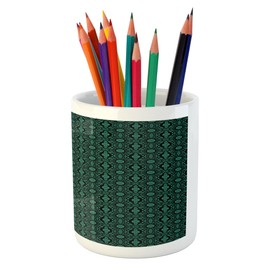 Lunarable Green Oriental Pencil Pen Holder, Botanic Ornaments Petals Leaves Floral Vintage Style Tile, Printed Ceramic Pencil Pen Holder for Desk Office Accessory, Black and Jade Green