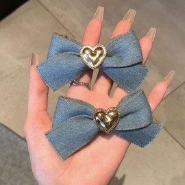 Blue Denim Hair Bow Clips Girls Denim Bowknot Pin Girls Blue Jeans Hair Bow Clips BW27 (Set-B)