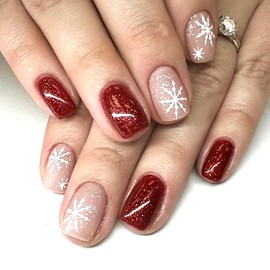 Christmas Bling Red Press on Nails Short Square Fake Nails with Red Silver Glitter Snowflake Designs Nude False Nails Winter Xmas Glue on Nails Coffin Artificial Stick on Nails for Women Girls 24Pcs