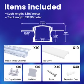 Muzata 10Pack 3.3FT/1M Plaster-In LED Channel Trimless Recessed LED Strip Diffuser Channel Spotless Deeper Wider for Drywall Ceiling Wall U117 WW 1M