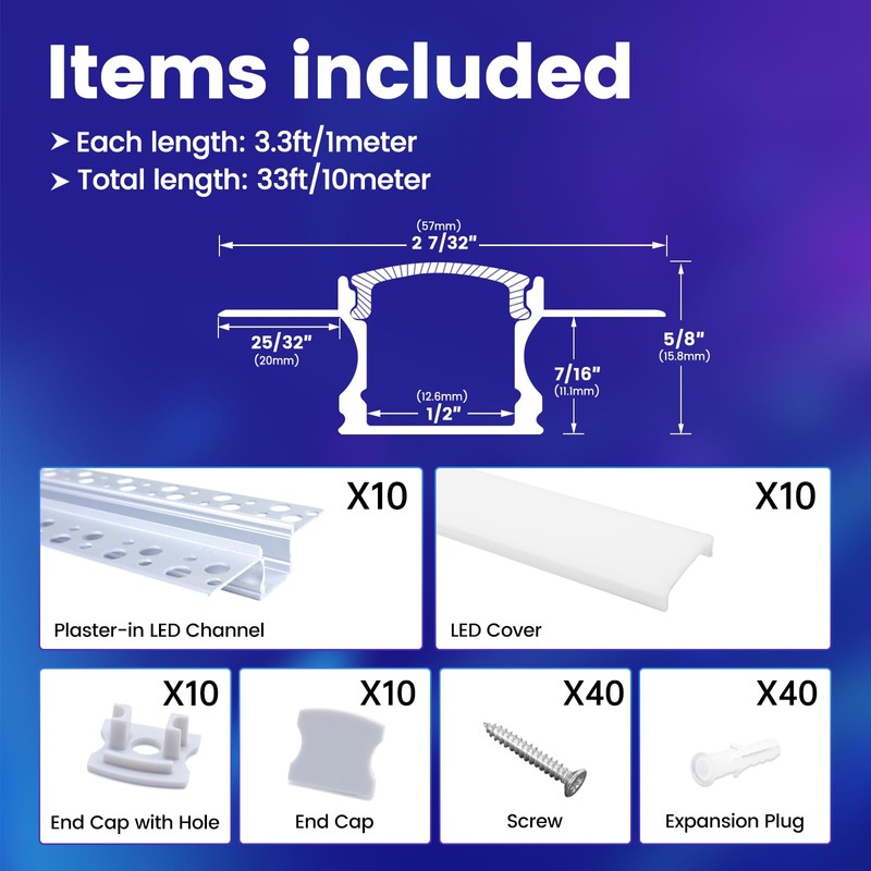 Muzata 10Pack 3.3FT/1M Plaster-In LED Channel Trimless Recessed LED Strip