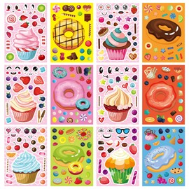 36 Pieces Make-a-face Stickers Pack, Mixed & Matched with 12 Designed(3 of Each) Stickers, Make Your Own Stickers Cakes & Doughnuts for Kids Teen Party Decoration, Reward, Decor, Gift Idea
