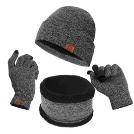 BeCann 3 Pieces Winter Beanie Hats Scarf Touch Screen Gloves Large Hat Scarf Gloves Set Thick Knit Skull Cap for Men Women (Gray)