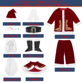 La Vogue 9 Pieces Mens Christmas Santa Claus Costume Outfits Luxury Suit Unisex Adults Cosplay Xmas Party Costumes Set 2XL Red