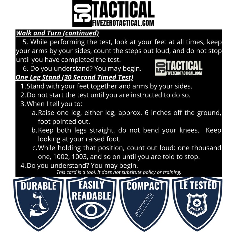 Generic Engraved Metal SFST Card Standardized Field Sobriety Test Instruction