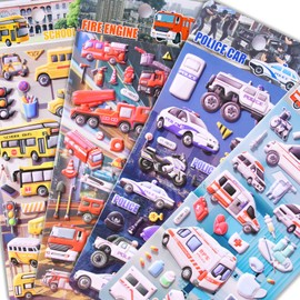 Puffy 3D Puff Reusable Foam Car Vehicle Sticker for Kids Toddlers Boys Girls Play Set Travel Toy with Police Cars, Ambulances, Fire Trucks, School Buses,4 Sheets.