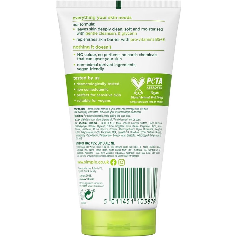 SIMPLE, Limpiador facial con efecto Humectante, 150 ml