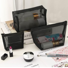 Clapoyis Portable Mesh Cosmetic Pouch, Mini Bag Set of 3 Sizes, Black