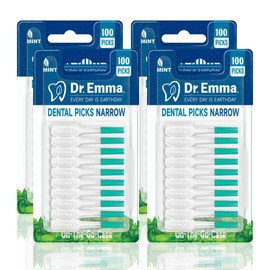 Dr. Emma Dental Picks Narrow Space Mint Soft Rubberized Tooth Picks Tight Floss Pick Easy to Use Brush Picks for Teeth Cleaning and Gum Health 100Ct/Pack, 4 Pack(400Ct)