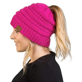 Funky Junque Messy Bun Womens Winter Knit Hat Beanie Tail - Neon Hot Pink