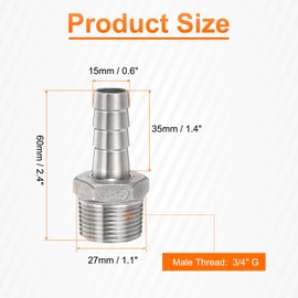 sourcing map 2pcs Stainless Steel Hose Barb Fitting 0.6" (15mm) Barbed x g 3/4" Male Pipe Fitting Air Hose Barb Fittings Coupler Thread Connector Adapter for Water Fuel