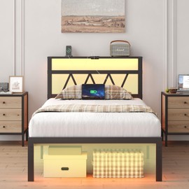 HuaYing Twin Bed Frame with Smart LED Lights, Storage Headboard and USB Charging Station,Heavy Duty Wooden Slats, No Box Spring Needed, Noise Free, Easy Assembly (Classic Black, Twin)