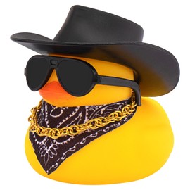 wonuu Car Dashboard West Cowboy Hat Rubber Ducks Decorations, Rubber Ducky for Car Ornament Cute Duck with Hat, Glasses, Necklace, Scarf (Black)