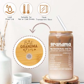 Gifts for Grandma from Granddaughter Unique Grandmother Cup with Engraving Cups Lid Best Grandma Ever Presents for Birthday Mothers Day Gifts for Grandmother, 16 oz Glass Coffee Cup