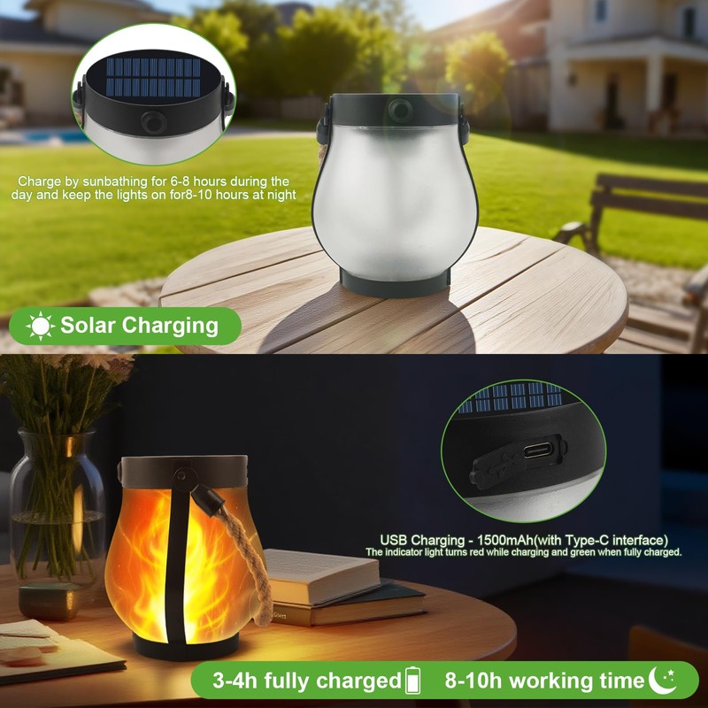 2 Pack Solar Flame Lanterns Outdoor,Realistic Flickering Flame Solar Lights