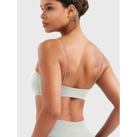 YEOREO Women's Spaghetti Strap Sports Bra Enidy Square Neck Yoga Wireless Low Impact Padded Seamless Cami Crop Top Feather Rice S
