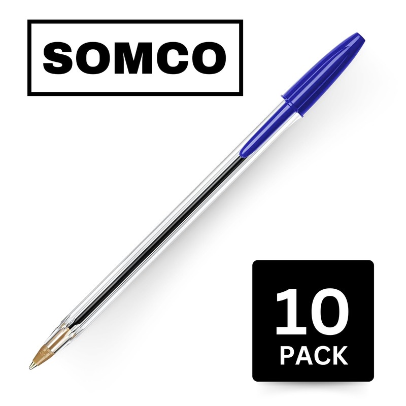 SOMCO - Pack Of 10 Blue Biro Ballpoint Pens -