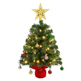 Uten Mini Christmas Tree Small Christmas Balls 28Pcs, Treetop Star 50 LED Waterproof Battery Box with Red Cement Base Christmas Decorations for Home, Office, Party