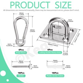 Keadic 12pcs M6 304 Stainless Steel Square Pad Eyes Plate Hooks and Snap Hooks with Screws, Heavy Duty Staple Ceiling U Hook Loop for Outdoor Indoor Hanging