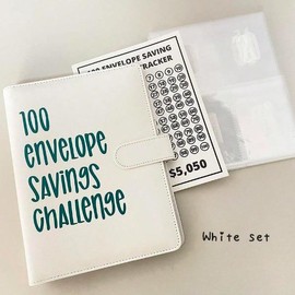 A5 100 Days Envelope Saving Challenge,100 Pockets Letter Binder Refills, Cash Budget PU Notebook Set - Color: White
