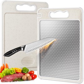 Double Sided 304 Stainless Steel & Wheat Straw Cutting Board, 14.4"*9.8" Non Toxic Lightweight Chopping Board, Separately Handle Meat and Vegetables, Dishwasher Safe, Scratch Resistant Mesh Design