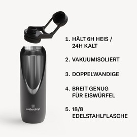 waterdrop® All-Purpose Thermos Flask, 1 Litre, Insulated Stainless Steel Drinking Bottle, Cold for 24 Hours, Hot for 12 Hours, Leakproof and Shatterproof