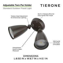 TIERONE Twin-Head LED Flood Light with Dusk to Dawn Photocell UL Listed Outdoor Security Lighting 120V Two Head Par Light with 4 PAR30 Bulbs(Each 12W 1080 Lumen 4000K) 2 Pack Dark Bronze