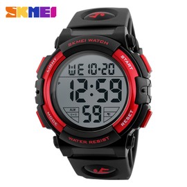 Gosasa Men 's Large Face Digital Outdoor Sports Waterproof Watch LED Luminous Alarm Stopwatch Simple Army (Red)